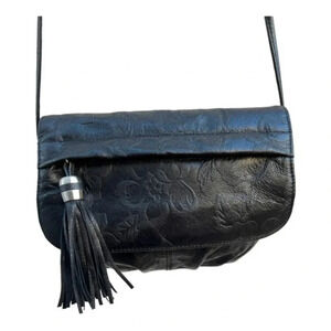 Vintage Crossbody Black Leather Bag‎ Purse Floral Embossed Leather with Tassel‌